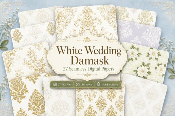 Download White Wedding Damask Digital Paper Bundl - Digital paper Collection