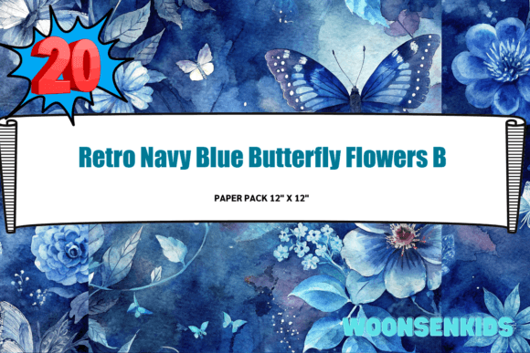 Download New Retro Navy Blue Butterfly Flowers Background Watercolor Png Kdp Digital Paper - Digital paper Collection