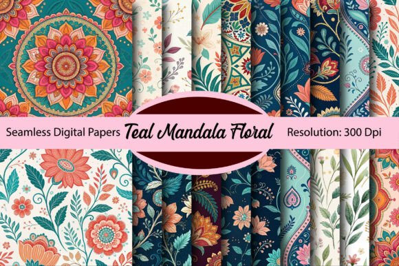 Download Teal Mandala Floral Digital Paper - Digital paper Collection