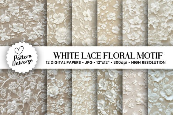 Download White Lace Floral Motif Digital Paper - Digital paper Collection